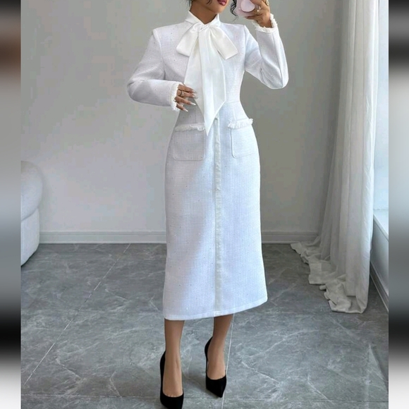 Women's Elegant Knotted Collar Fringe Hem Dress,Suitable For Commuting In Autumn - Picture 2 of 4